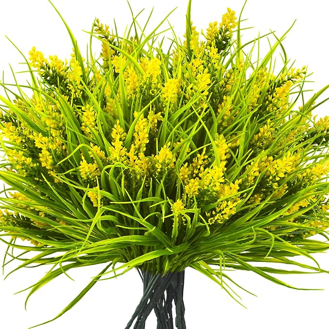 20 Bundles Artificial Plants Outdoor Fake Monkey Grass with Flowers (Yellow)