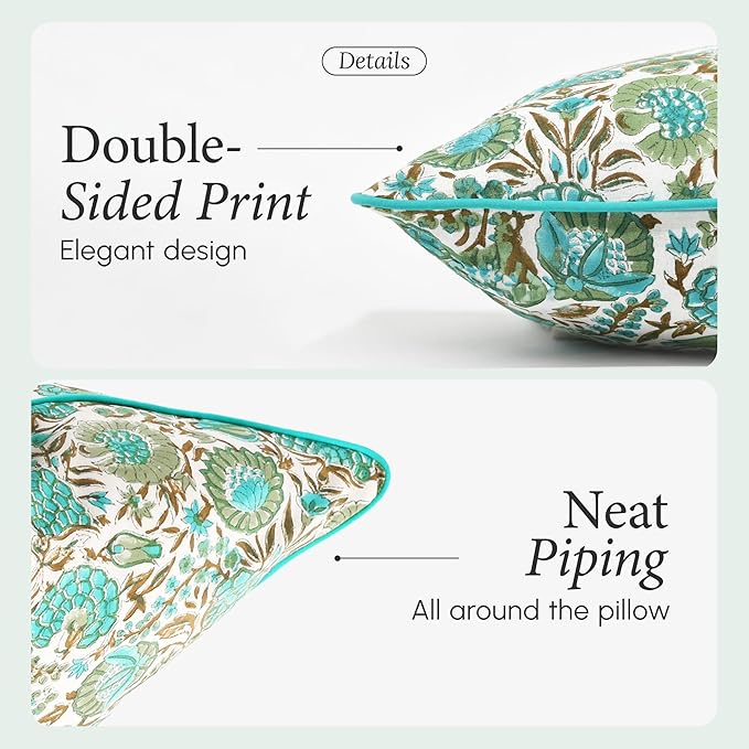 CPC Aqua Green Floral Printed Throw Square Cushion Covers - 20x20 Inch 100% Cotton Washable Decorative Couch Pillows Covers for Living Room Bed Sofa and Outdoors Spring, Easter, Valentines Gift