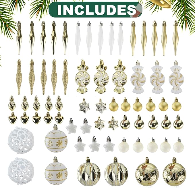 73 Pcs Christmas Ball Ornaments, Gold White Plastic Hanging Ornaments for Christmas Tree, Wreaths & Outdoor Displays