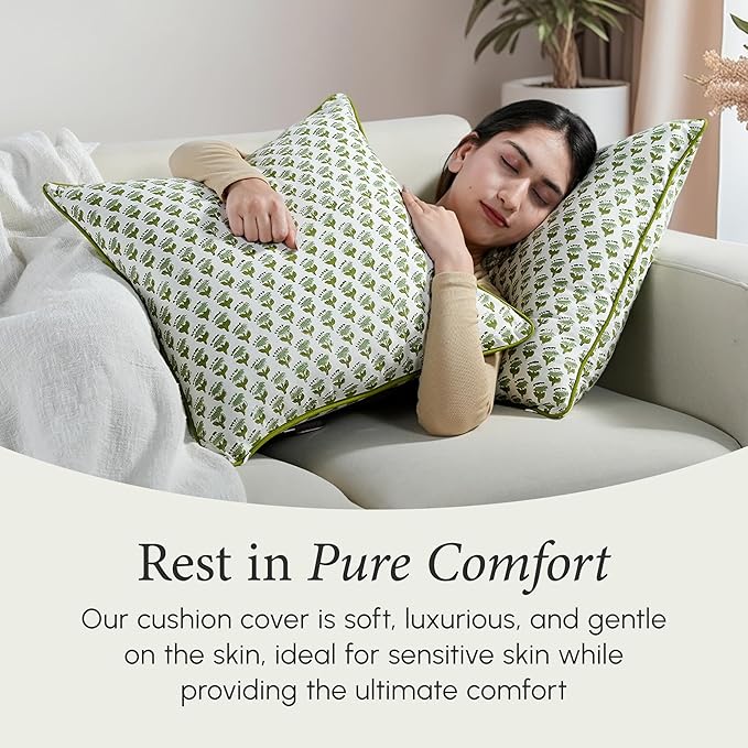 CPC 100% Cotton Throw Pillow Covers 18x18 Inch, Set of 2 Green Block Print Pattern Couch Pillow, Cute Boho Decorative Pillows for Living Room, Bedroom with Hidden Zipper- Emerald Green