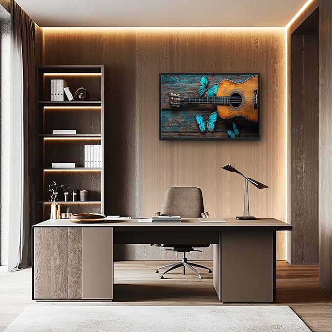 Olivine Music Wall Art, Guitar Pictures Wall Decor, Butterfly Painting, Vintage Musical Instruments Canvas Prints, Framed Artwork for Bathroom Bedroom Living Room Office Home Decoration 36"x24"