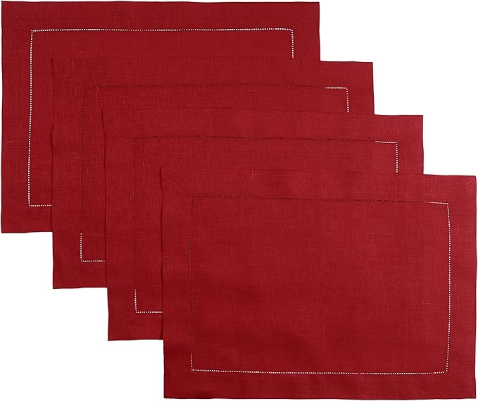 D'Moksha Homes Red Linen Placemats Set of 4 - Classic Hemstitch Placemats 14 x 19 Inch - 100% Pure Linen Table Mats for Fall, Autumn and Halloween - Handcrafted and Machine Washable