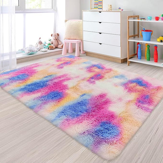 Small Fluffy Colorful Rug for Bedroom Girls 3x5 Kawaii Rainbow Tie Dye Area Rug Fuzzy Unicorn Throw Rug for Living Room Kids Nursery Baby Princess Room Living Room Home Decor Aesthetic Carpets