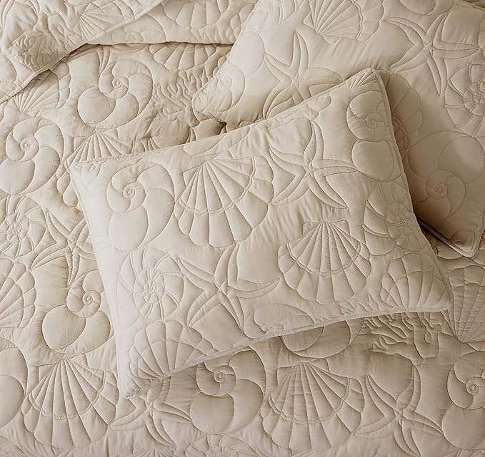 WDCOZY Coastal Beach Beige Queen Size Quilt Bedding Sets, Nautical Tropical Ocean Bedspread, Scallop Seashell Soft Coverlet, Lightweight Summer Thin Comforter for All Season