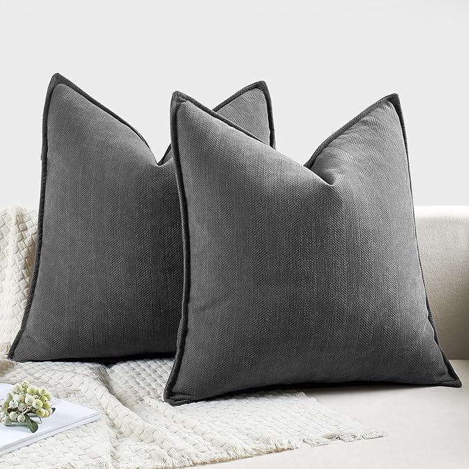 MIULEE Pack of 2 Dark Grey Decorative Pillow Covers 18x18 Inch Soft Chenille Luxurious Couch Throw Pillows Farmhouse Cushion Covers with Elegant Design for Sofa Bedroom Living Room Home Decor