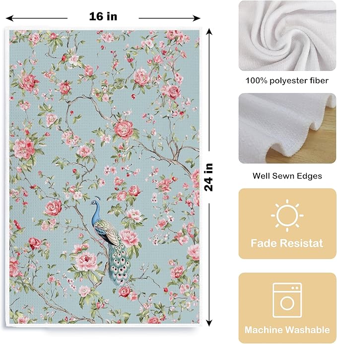 Chinoiserie Floral Peacock Kitchen Towels - Blue Decorative Hand Towels for Kitchen and Bathroom Decor - 16x24 Inches