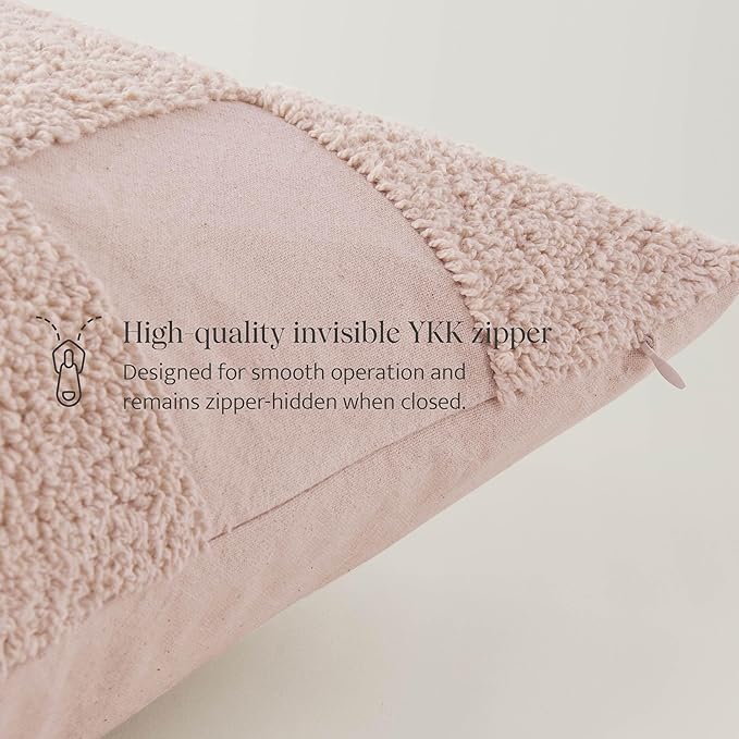 Double Stitch Checkered Throw Pillow Covers - 100% Cotton Tufted Boho Decorative Pillow Covers 20x20, Made in India, Square Cushion Case, Modern Home Decor for Couch, Sofa, Living Room, Pink Whisper