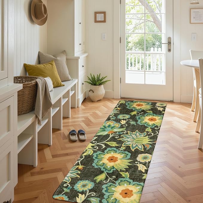 Lahome Floral Hallway Carpet - 2x5 Washable Non-Slip Low-Pile Kitchen Laundry Room Rug, Soft Paisley Print Modern Indoor Rug for Living Room Bathroom Entrance
