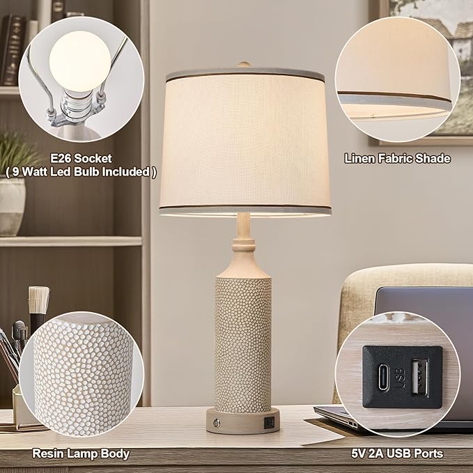 AIDENOEY 27.5" H 3-Way Dimmable Touch Control Table Lamp with USB A+C Ports, Vintage Washed White Finish Resin Bedside Farmhouse Table Lamp Set of 2，for Living Room，Bedroom，Office