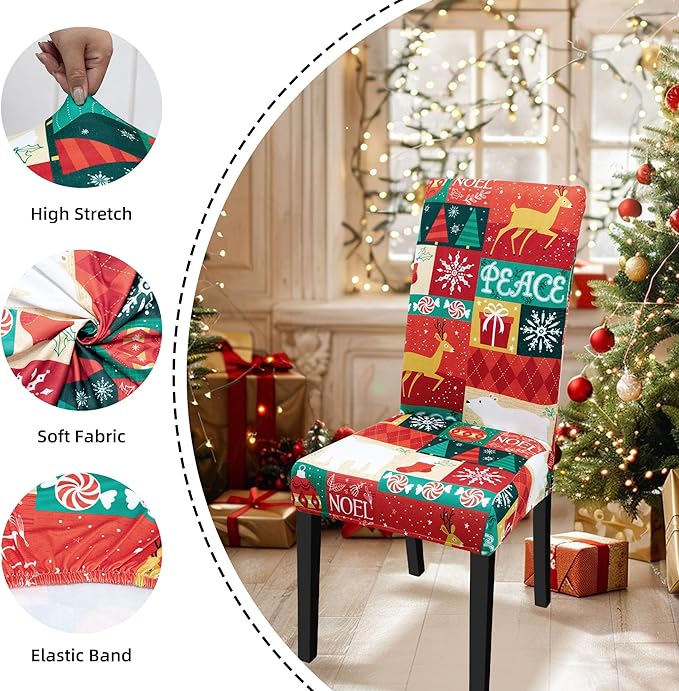 Christmas Chair Covers for Dining Chairs, Stretch Dining Covers, Dining Room Chair Covers Set of 4/6, Removable Washable Dining Chair Slipcovers for Home Hotel Banquet Holiday Decoration (1, 6pcs)