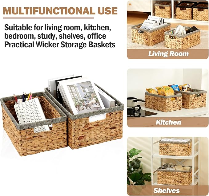 Wicker Baskets for Storage 2 Pack, Water Hyacinth Storage Baskets with Built-in Handles, Large Wicker Storage Baskets for Shelves & Organizing, Natural with Grey, Size L & M