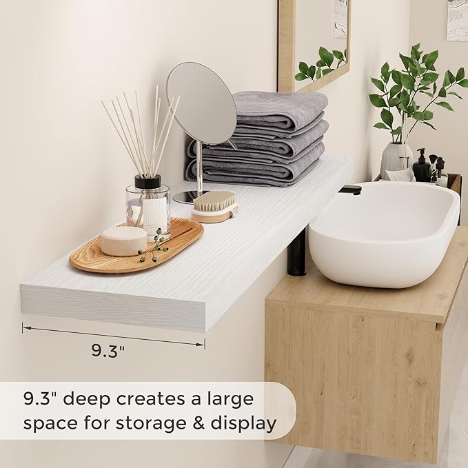 40 Inch Floating Shelves White, 40" W x 9.3" D Floating Shelf Set of 2, Farmhouse Wood Wall Shelves for Bedroom, Kitchen, Wall Mounted Deep Shelving for Home Decor