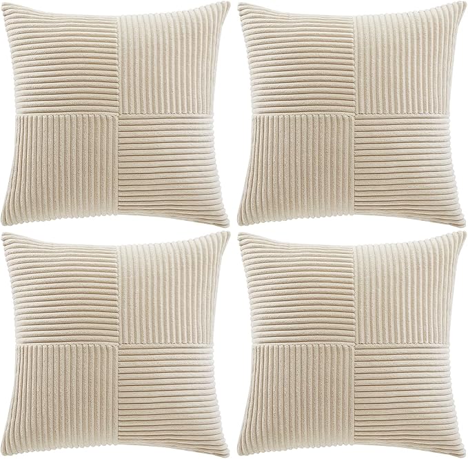 Fancy Homi 4 Packs Tan Decorative Throw Pillow Covers 20x20 Inch for Living Room Couch Bed Sofa, Farmhouse Boho Home Decor, Soft Cross Corduroy Patchwork Accent Square Beige Cushion Case 50x50 cm