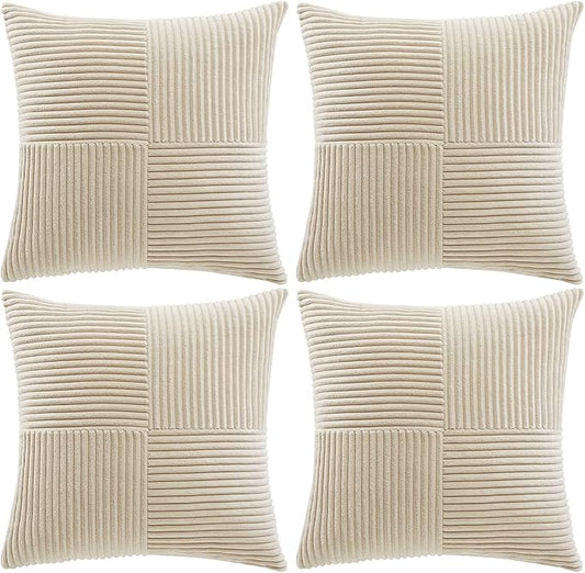 Fancy Homi 4 Packs Tan Decorative Throw Pillow Covers 20x20 Inch for Living Room Couch Bed Sofa, Farmhouse Boho Home Decor, Soft Cross Corduroy Patchwork Accent Square Beige Cushion Case 50x50 cm