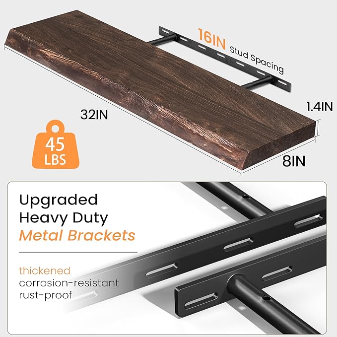 Fun Memories Floating Shelves Set of 2, Solid Elm Wood Wall Shelves 32 Inch - Invisible Bracket Mount, Deep Floating Shelf for Living Room Kitchen, Walnut