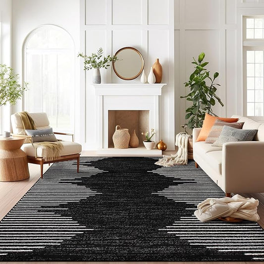 Rugshop Bohemian Stripe Stain Resistant High Traffic Living Room Kitchen Bedroom Dining Home Office Area Rug 8' x 12' Black