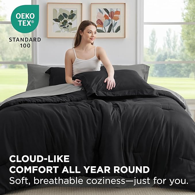 Bedsure Queen Comforter Set - 7 Pieces Black Queen Bedding Set for All Seasons, Boho Contrasting Design Bed in a Bag with Comforter, Sheets, Pillowcases & Shams