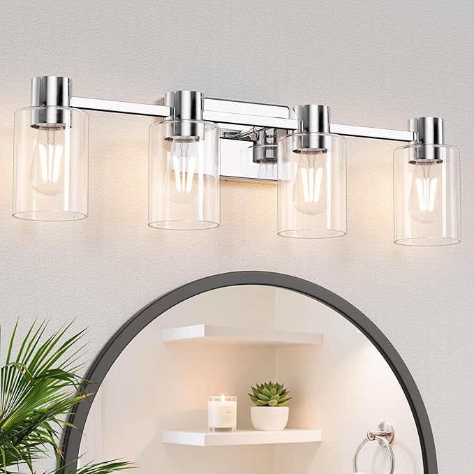 4-Light Modern Vanity Light Fixtures Over Mirror, Chrome Bathroom Light Fixtures, Vanity Lights, Wall Sconce with Clear Glass Shade for Bathroom, E26 Base