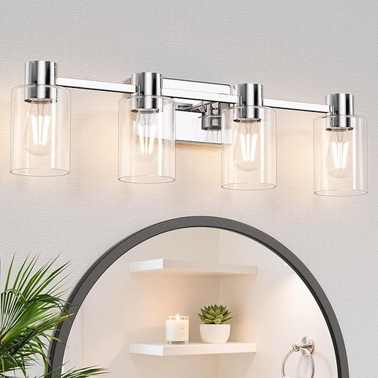4-Light Modern Vanity Light Fixtures Over Mirror, Chrome Bathroom Light Fixtures, Vanity Lights, Wall Sconce with Clear Glass Shade for Bathroom, E26 Base