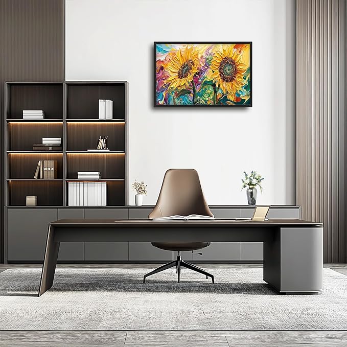 Framed Large Wall Art for Living Room, Sunflower Canvas Wall Decor, Flower Pictures Painting, Natural Landscape Artwork for Living Room Bedroom Office 36L'' × 24W''