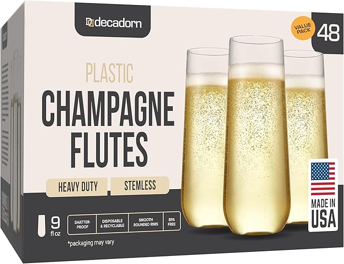 Clear Stemless Champagne Flutes Plastic 48 Pack - 9oz Plastic Champagne Glasses - Durable and Sturdy Mimosa Glasses For Parties - Shatterproof, Recyclable, BPA-Free, Smooth Rims.