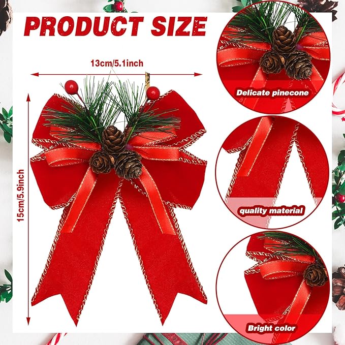 Syhood 6 Pcs Christmas Bows with Pine Cones Pine Needles Xmas Velvet Bows Red Ribbon Christmas Tree Wreath Decoration for Xmas Parties Indoor Outdoor Crafts DIY Decor
