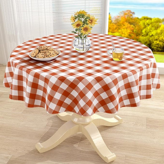 misaya Round Waterproof Vinyl Table Cloth, Buffalo Flannel Backed Tablecloth, Wipeable Plastic Table Cover for Fall, Thanksgiving, (60", Rust and White)