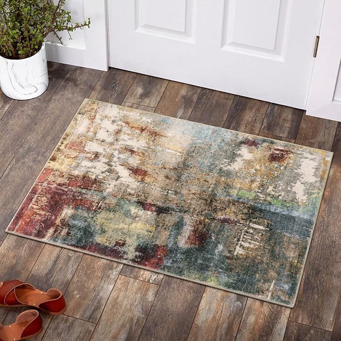 Lahome Modern Abstract Area Rug - 2x3 Washable Small Entryway Rug for Kitchen Non-Slip Front Doormat, Contemporary Faux Wool Soft Floor Indoor Carpet for Bathroom,Red/Multi