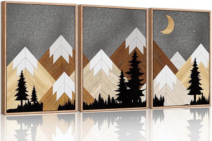 CHDITB Mountain Framed Canvas Wall Art Set, Country Wood Style Wall Decor, Rustic Farmhouse Wall Painting, Forest Nature Art Print for Living Room, Bedroom, Dinning Room, Office - Large Size 16"x24"x3