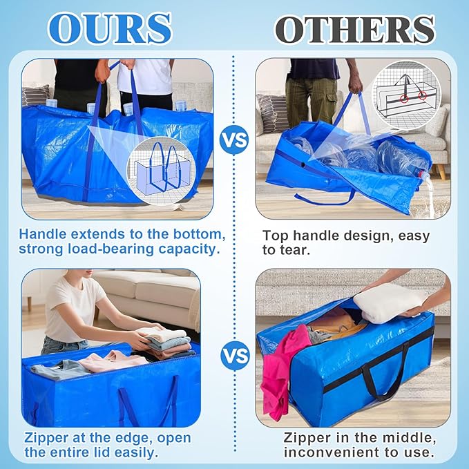 66 Gallon Extra Large Moving Bags - Heavy Duty Storage Bags with Zipper & Strong Handles, Blue Packing Bag for Moving, Storage, Travel and Camping, College Dorm & Home Supplies, 4 Pcs