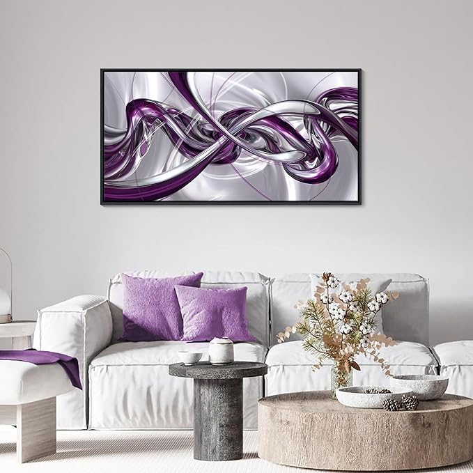 Pogusmavi Purple Wall Art - 3D Framed Canvas Abstract Art for Living Room, Modern Silver Wall Decor, Office Artwork, Bedroom Pictures, Contemporary Prints, Paintings for Wall Decorations 24×48IN