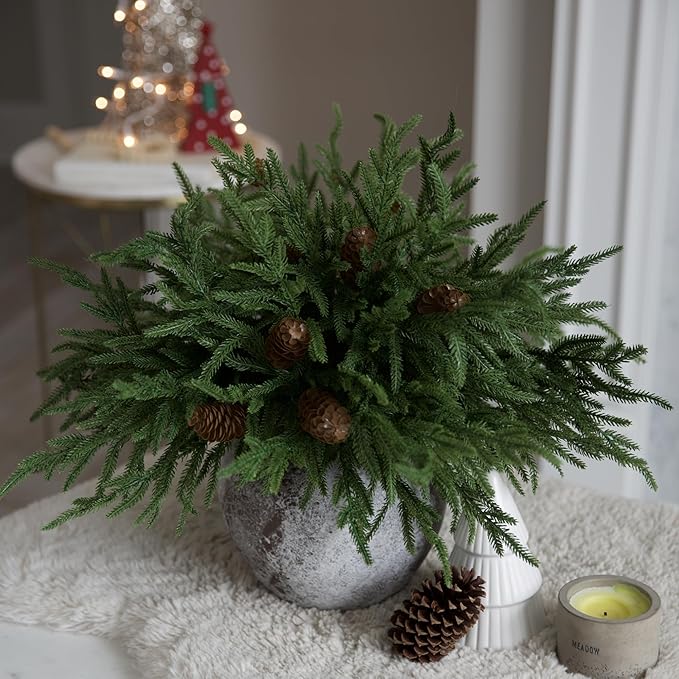 Artificial Christmas Norfolk Pine Stems Branches for Vases,12 Bundles Faux Pine Branches with 5 PCS Big Pinecones Stems Fake Greenery Evergreen Real Touch for Holiday Winter Table Xmas Decor