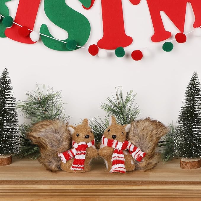 winemana Christmas Squirrel Table Decor, Set of 2 Squirrel Ornaments Woodland Animals Figurine with Scarf Christmas Winter Holiday Decorations for Indoor Home Mantle Office Xmas Gifts