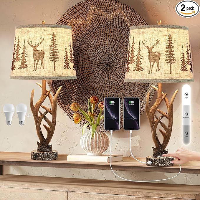 Dungoo 26" Touch Control Antler Table Lamps Set of 2, 3-Way Dimmable Rustic Lamp with 2 USB Ports, Natural Antler Lamp with Deer Forest Lampshade Farmhouse Lamps for Living Room Foyer