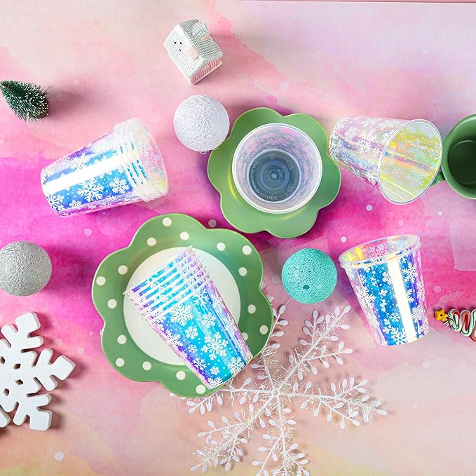 25 Winter Plastic Cups Iridescent Snowflake Party Cups 12oz Frozen Shiny Snowflakes Disposable Drinking Cups for Birthday Wedding New Year Holiday Party Supplies