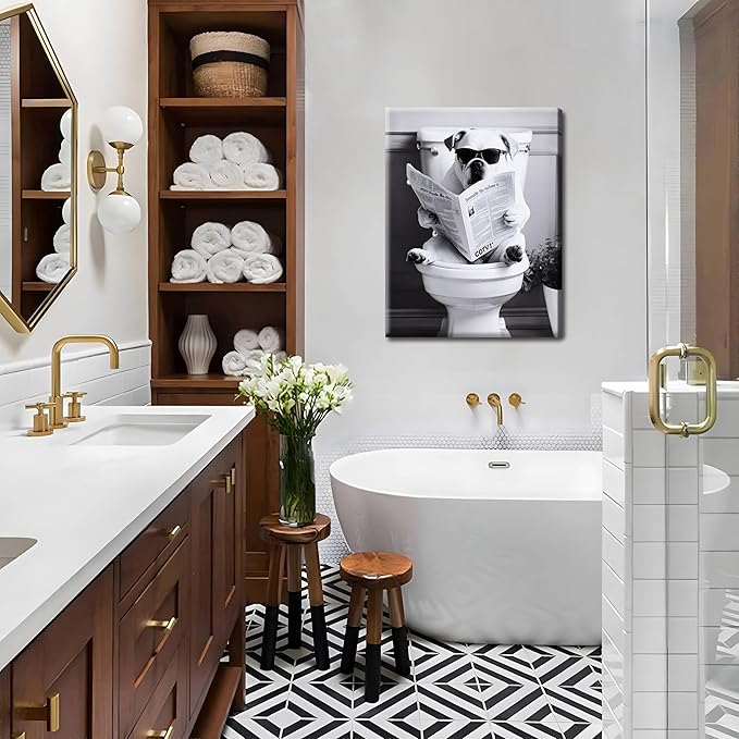 Funny Bathroom Picture Wall Decor - Dog Reading Newspaper on Toilet Canvas Wall Art, Framed Black and White Toilet Bathroom Poster Prints, Cute Animal Art Home Decor 16x24 inch