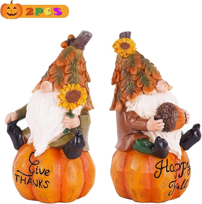 Topadorn Fall Gnomes Decor for Yard Outdoor Set of 2 with Pumpkin and Sunflower- for Thanksgiving and Halloween Home Garden Decorations