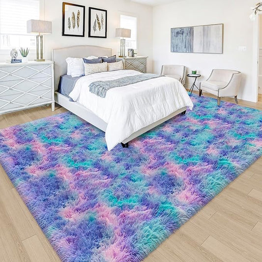 Tie-Dye Purple Rainbow Soft Shaggy Fluffy Rug for Living Room 6x9ft Anti-Skid Durable Area Rug Mat Bedside Throw Rug for Bedroom Kids Room Boys Teens Nursery Dorm Office Home Decor Carpets
