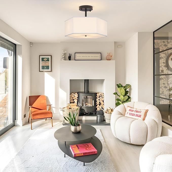 Modern Ceiling Light with White Fabric Shade 3-Light Black Semi Mount Flush Fixture for Bedroom Dining Room Kitchen and Hallway