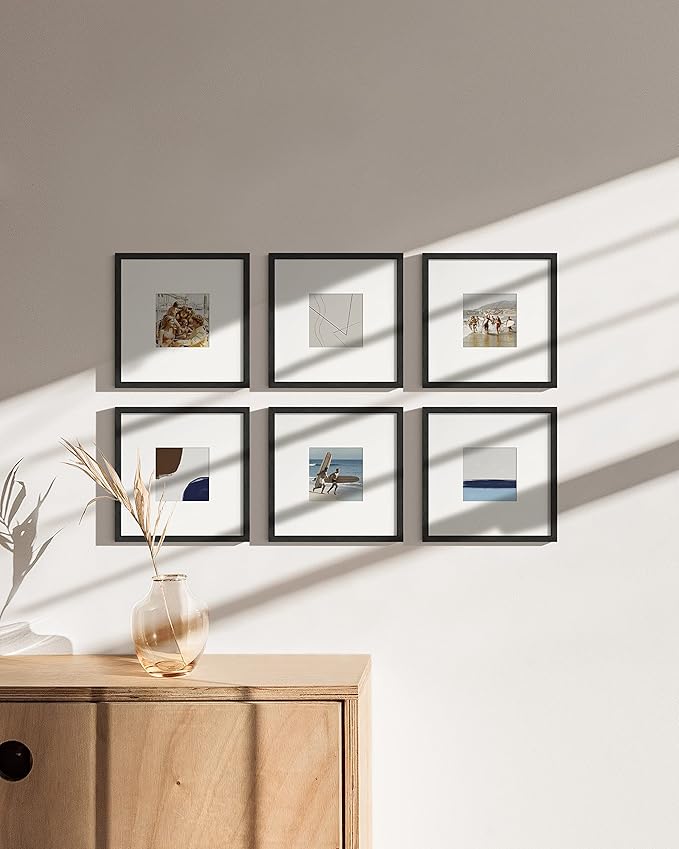 HAUS AND HUES Solid Oak Wood 8”x8” Picture Frames Matted to 4”x4” Set of 6-8 x 8 Picture Frames, Black Frames for Gallery Wall, 8x8 Square Frames, 8x8 Square Black Frames with Mat