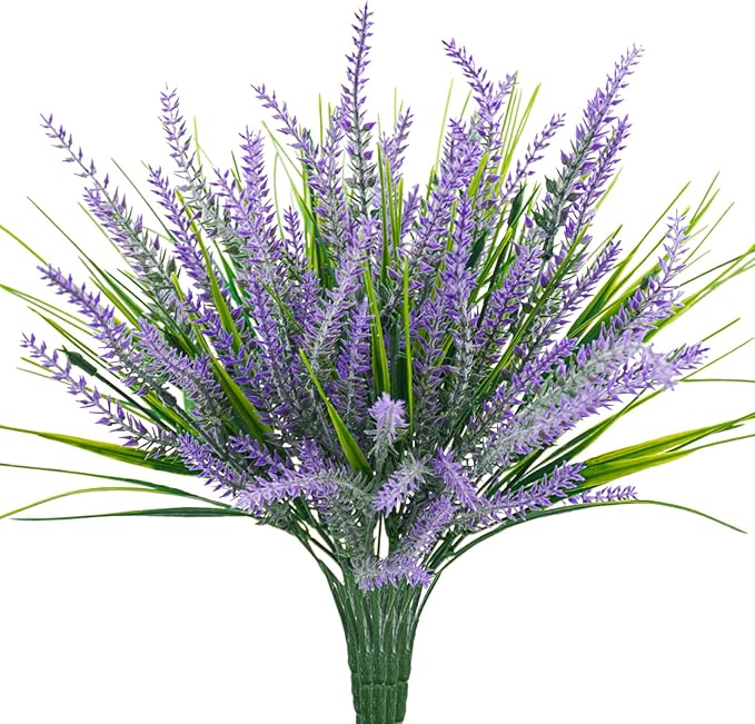 Uieke 6pcs Outdoor Artificial Lavender Plants, 14.5in UV Resistant 3PCS Fake Lavender Flowers with 3 PCS Faux Grass Greenery Stems for Home Kitchen Hanging Planter Garden Patio Décor Purple