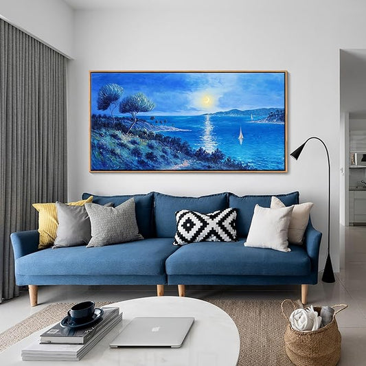 Large Painting Wall Art Blue watercolor Ocean Picture for Living Room Coastal Home Bedroom Decoration sailing boat Framed Artwork Decor 24×48IN