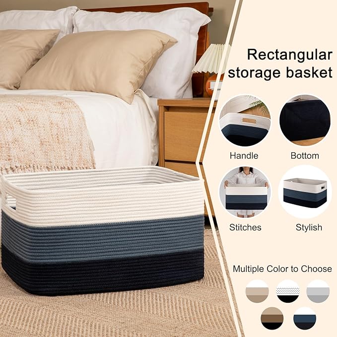 OIAHOMY 108L Large Cotton Rope Basket, Rectangle Woven Baskets for Storage, Nursery Blanket Storage Living Room, Toy Basket With Handle-25”x16”x16”-Gradient Blue