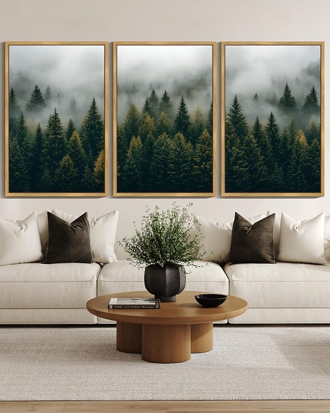 KUVIOKE Green Fog Pine Tree Landscape Framed Wall Art Nature Nordic Misty Forests Prints Morden Farmhouse Bedroom Living Room Ready to Hang 24x36in (Natural Framed)