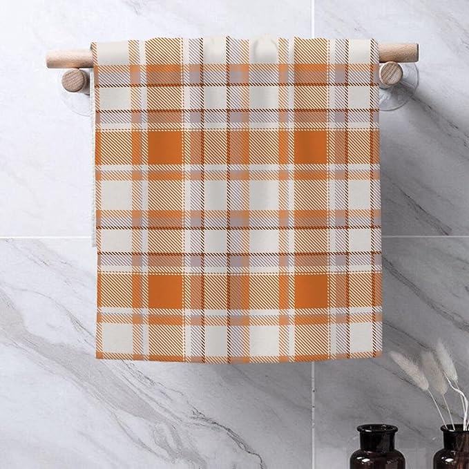 Fall Kitchen Towels 16x24 Inch Burnt Orange Buffalo Plaid Decor Dish Towels Autumn Harvest Thanksgiving Seasonal Decoration Hand Towel Absorbent Dish Cloths for Home Kitchen Dining Set of 2