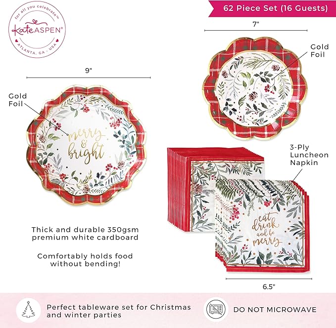 Kate Aspen 62pc Christmas Tableware Set Holiday Dinner Party Kit - 16pcs 7 inch & 9 inch Heavy Duty Disposable Party Plates, 30pcs 6.5 inch Durable Paper Napkins