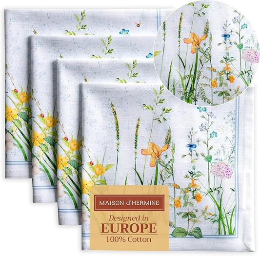 Maison d' Hermine Cloth Napkins Set of 4 100% Cotton Everyday Reusable Square Napkins Cloth Washable, Dinner, Party, Wedding, Restaurant, Spring/Summer (Fleurs De Mai, 20" x 20")