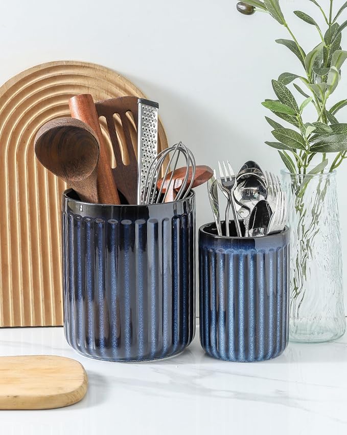 Hasense Cooking Utensil Holder, 7.3" + 5.7" - Large Utensil Crock for Farmhouse Kitchen Decor, Spatula Storage Organizer, Set of 2, Navy Blue