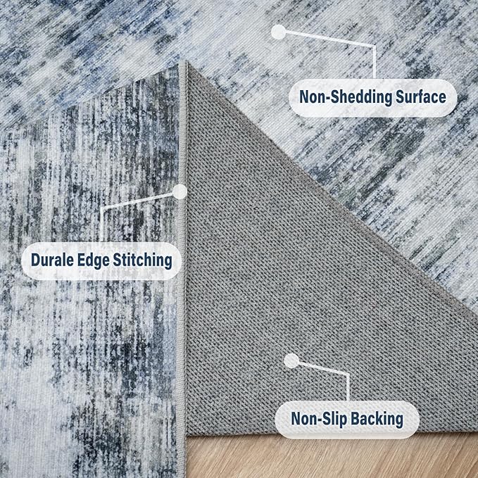Area Rugs 9x12 Living Room: Large Machine Washable Area Rug with Non Slip Backing Non Shedding Abstract Stain Resistant Carpet for Bedroom Dining Room Nursery Home Office - Blue/Gray