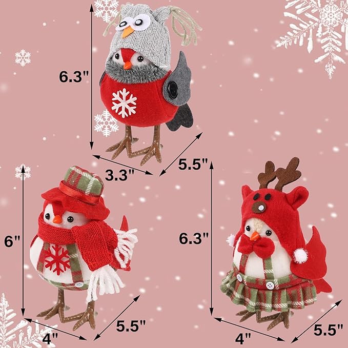 3 Pack Christmas Table Decorations - Small Bird Figurines, Red Cute Xmas Ornaments for Table Top, Desktop, Mantel, Kitchen Decor, Holiday, Winter Party Gifts